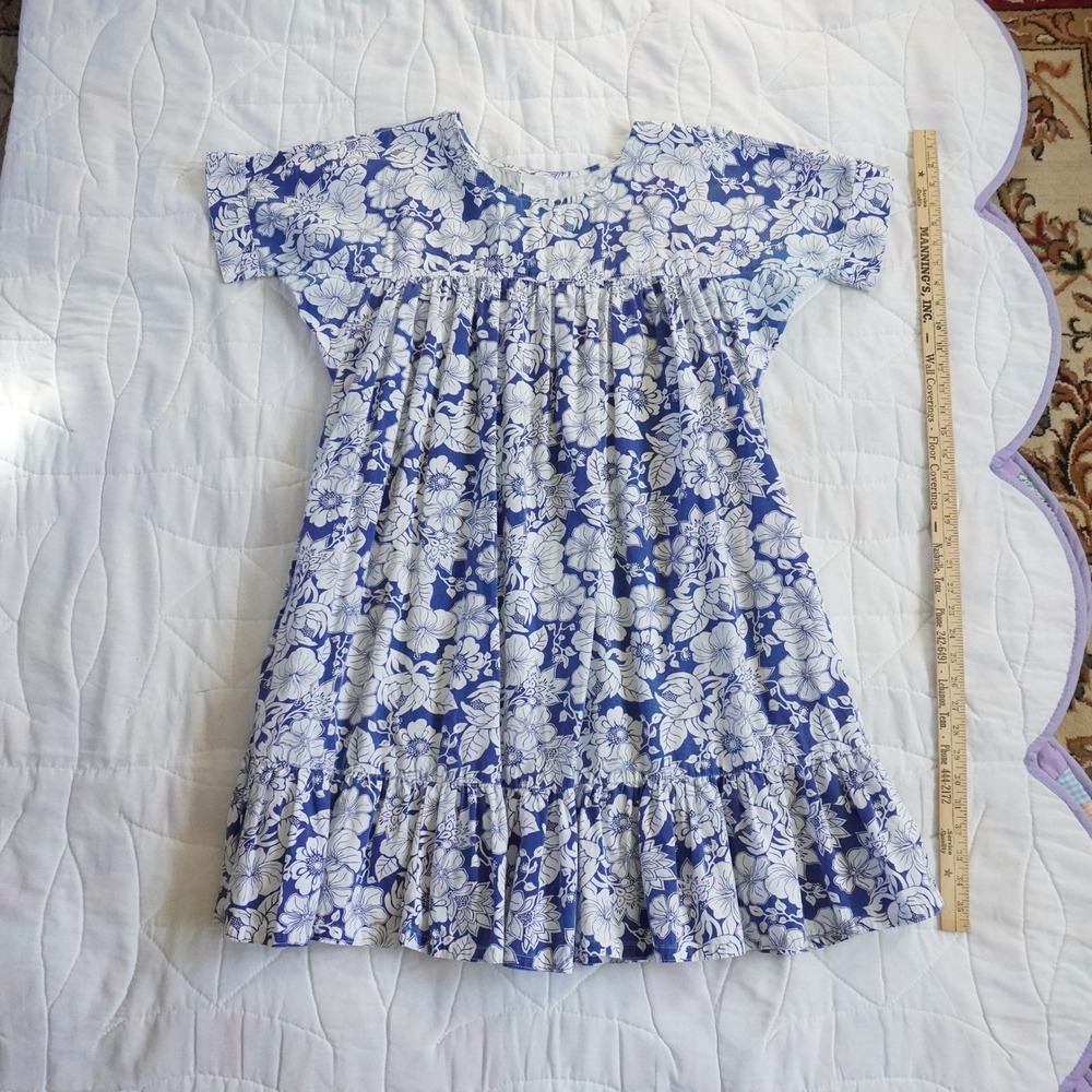VTG Simply Basic Hawaiian Blue White Floral Casual Short Sleeve Ruffle Dress S